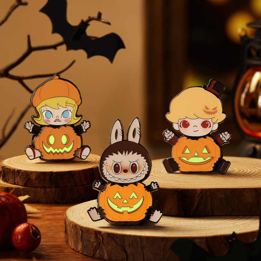 pop mart happy halloween party serie - mollydimoolabubu pompoen koelkastmagneetemaille speldje