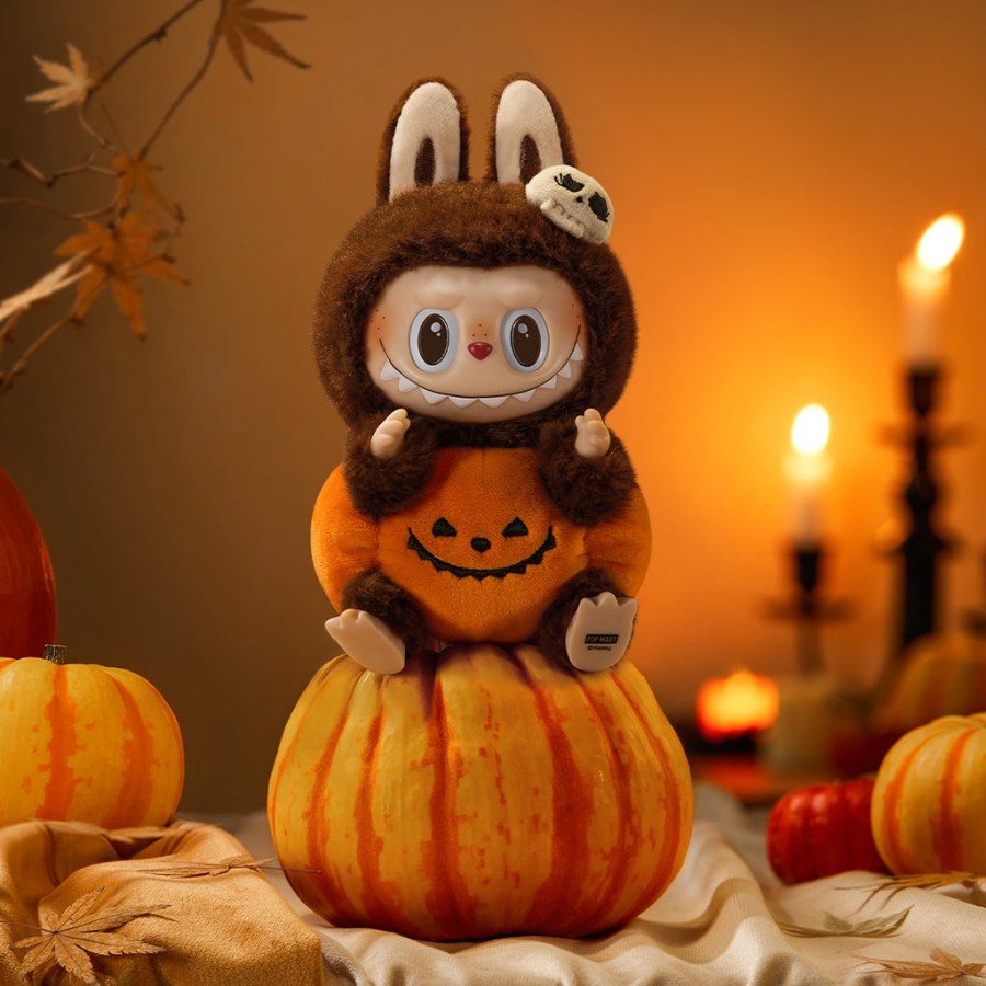 pop mart de monsters labubu happy halloween party serie - zittende pompoen vinyl pluche hanger