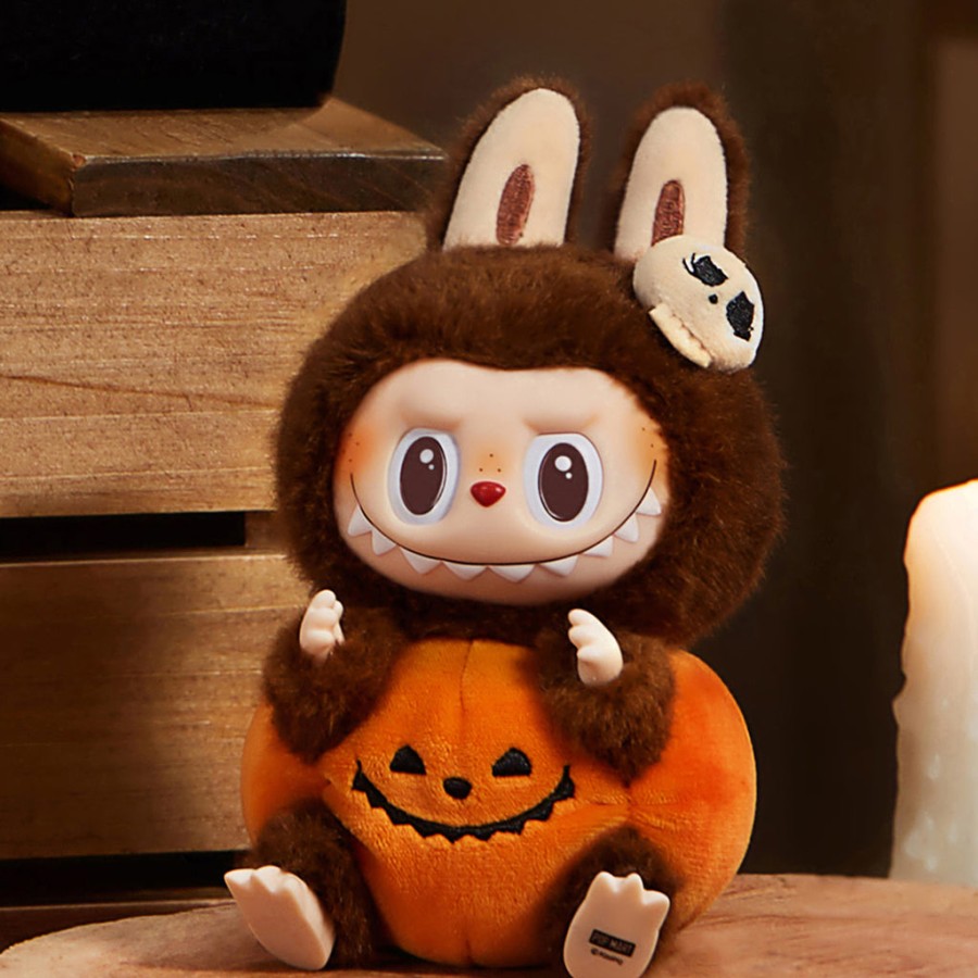 pop mart de monsters labubu happy halloween party serie - zittende pompoen vinyl pluche hanger
